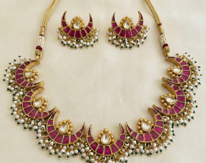 Gold Plated Kundan Choker Necklace Set, Indian Bridal Jewelry, Handmade Earrings