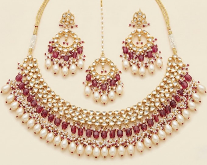 Handmade Kundan Choker Necklace Set, Indian Bridal Jewelry, Pink & White