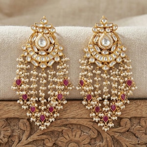 Handmade Kundan Chandbali Earrings, Gold Plated Indian Bridal Jewelry, Kundan Jewellery image 1