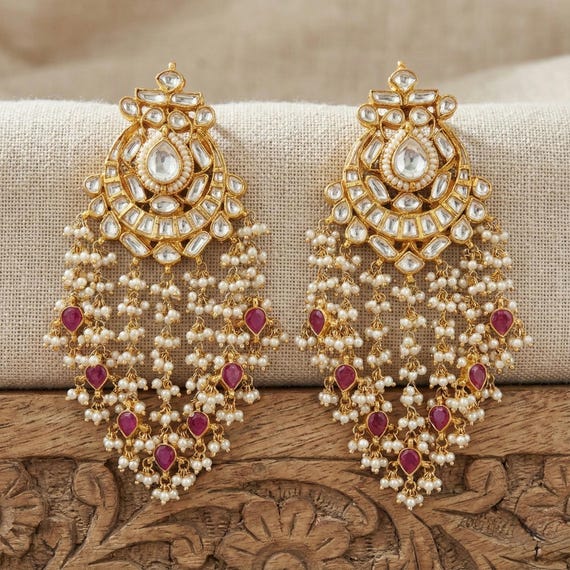 Handmade Kundan Chandbali Earrings, Gold Plated Indian Bridal Jewelry, Kundan Jewellery