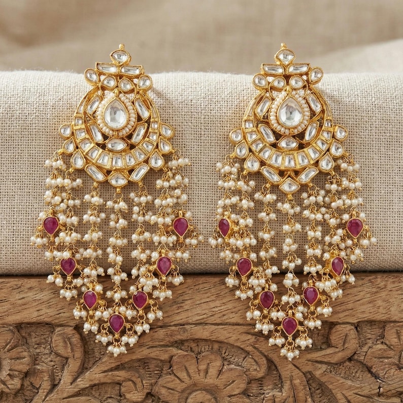 Handmade Kundan Chandbali Earrings, Gold Plated Indian Bridal Jewelry, Kundan Jewellery image 1