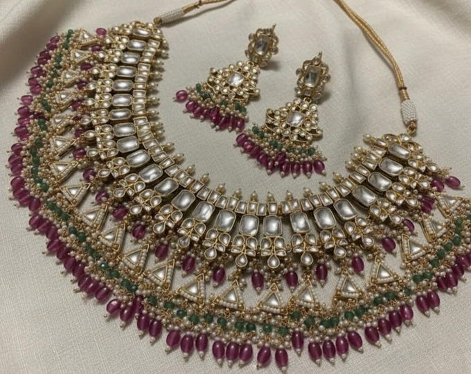 Handmade Kundan Choker Necklace Set, 22K Gold Plated Bridal Jewelry