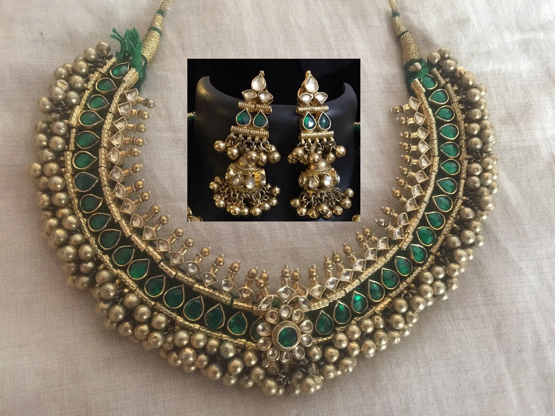 Kundan Jewelry Setgreen Tussi Choker Necklace925 Silver - Etsy