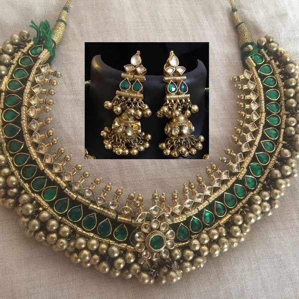 Kundan Jewelry Set,Green Tussi Choker Necklace,925 Silver Kundan Jewelry,South Indian Jewelry,Antique Gold Finish Jewelry,Statement Necklace