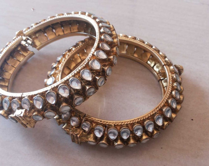 Kundan Bangles Pair: Antique Gold, Indian Bridal Wedding Bracelets
