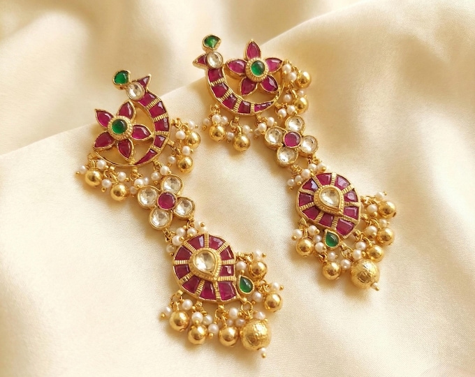 Handmade Kundan Peacock Earrings, Gold Plated Indian Jewelry