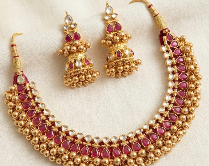 Kundan Choker Necklace with Jumkhi Earrings, Indian Bridal Jewelry, Tussi set
