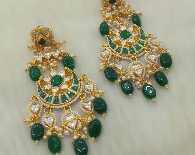Handmade Kundan Chandbali Earrings, Green Indian Jewelry