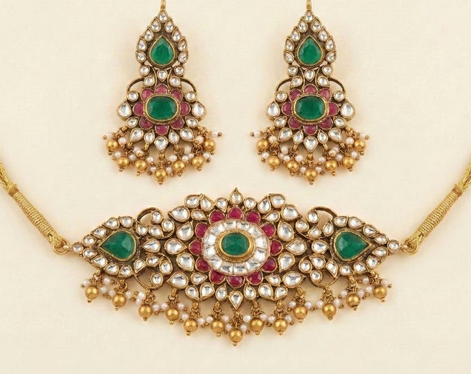Handmade Kundan Choker Necklace Set | 22K Gold Plated Indian Jewelry