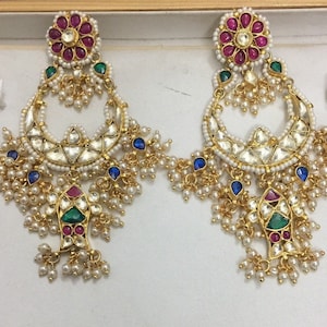 Kundan Earrings, Chandbali Earring,Indian Traditional Kundan Jewelry, Party wear statement Earrings, Multicolor Kundan Earrings with pearls