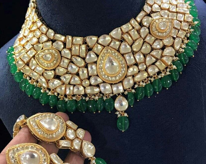 Handmade Kundan Choker Necklace, Emerald Green Bridal Jewelry Set