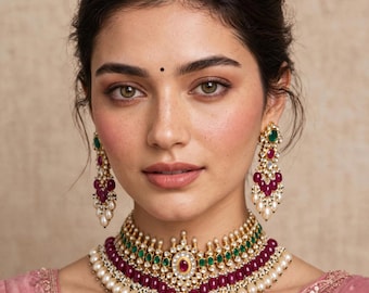 Gargantilla Kundan, joyería nupcial india, conjunto de boda rosa y verde