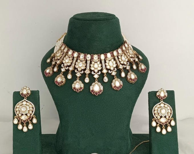 Handmade Kundan Choker Necklace Set, Pakistani Bridal Jewelry