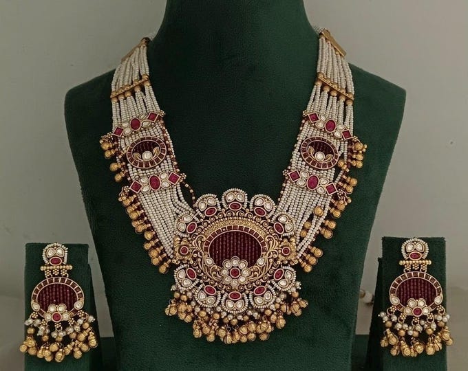 Kundan Bridal Necklace Set, Long Pearl Indian Wedding Jewelry