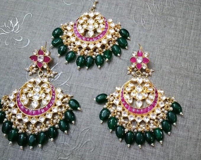 Kundan Chandbali Earrings and Maang Tikka Set, Gold Plated Indian Jewelry