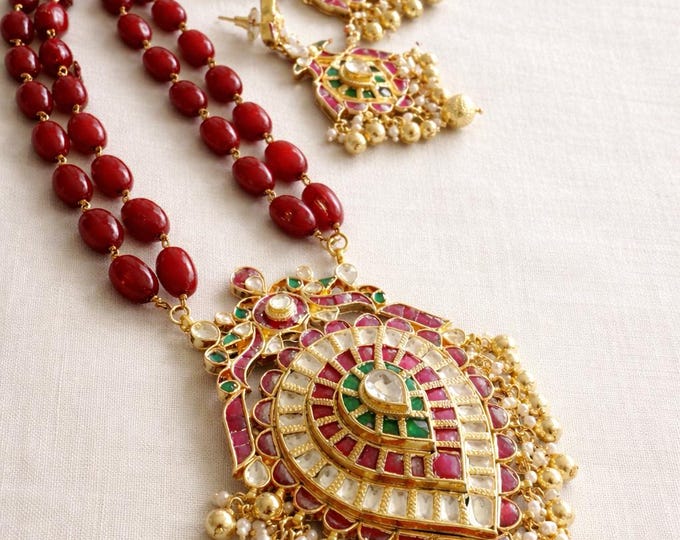Handmade Kundan Jewelry Set, Gold Plated South Indian Necklace with peacock earrings
