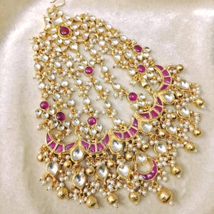 Jhumar Passa Kundan hecho a mano con rubí rosa y perlas, joyería nupcial india, Jhumar lateral Tikka de boda punjabi multiusos