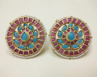 Handmade Kundan Earrings, Indian Bridal Jewelry, Turquoise & Pink