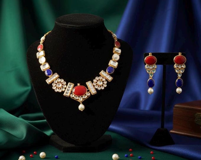 Handmade Kundan Jewelry Set | Coral, Pearl, & 22K Gold Plated