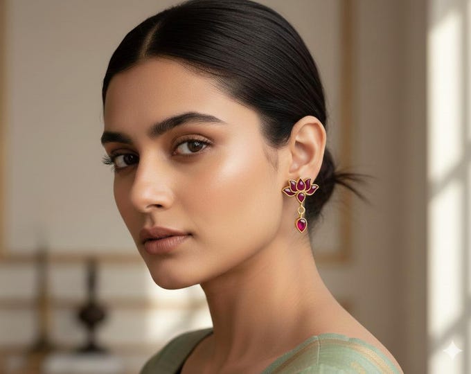 Handmade Gold Plated Kundan Lotus Earrings set of 4 pairs, Indian Jewelry Set