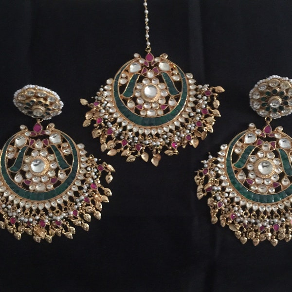 Chandbali Earrings and Maangtika Set Kundan Jewelry Maang tikka Set Polki Kundan Earrings Bollywood Bridal MaangTika Punjabi Tika Sets