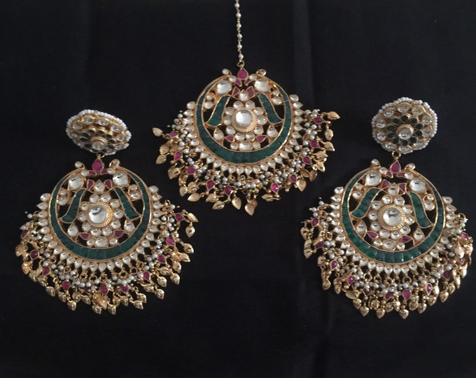 Kundan Chandbali Earrings with Maang Tikka Set | Indian Bridal Jewelry