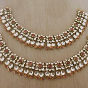 Kundan enkelbanden, bruids enkelband, bruiloft enkelbanden, Kundan bruidssieraden, Zuid-Indiase Katthak enkelbanden, Indiase traditionele enkelband, vergulde enkelband
