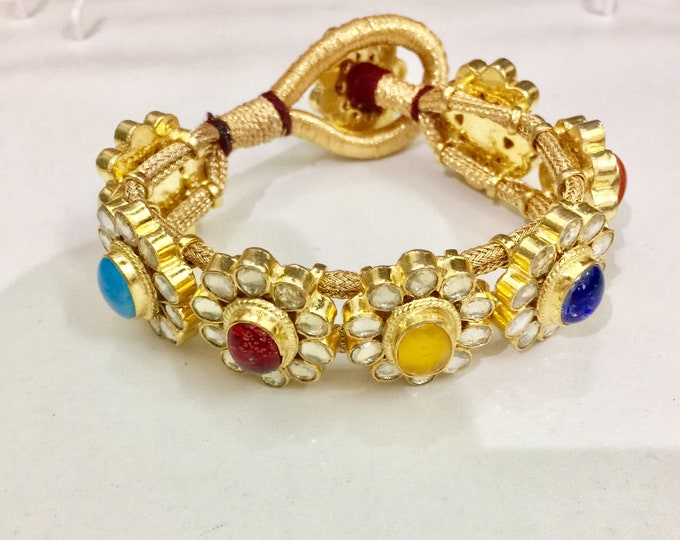 Handmade Kundan Navratna Threaded Bracelet, Gold Plated Indian Kundan Jewelry