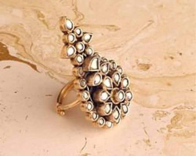 Kundan Wedding Ring, 22k Gold Plated, Adjustable Indian Bridal Jewelry