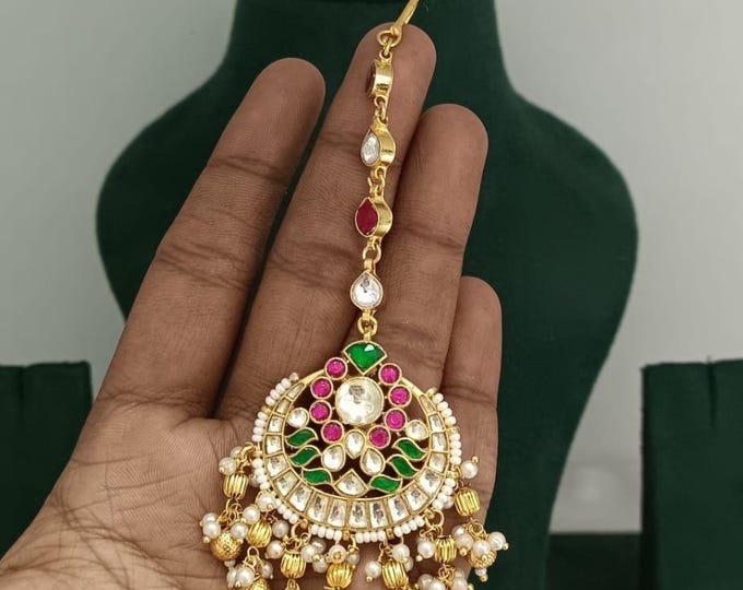 Handmade Kundan Maangtikka, 22k Gold Plated Bridal Tikka