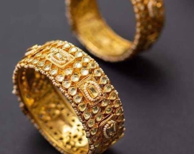 Handmade Gold Finish Kundan Bangle Set, Indian Bridal Jewelry