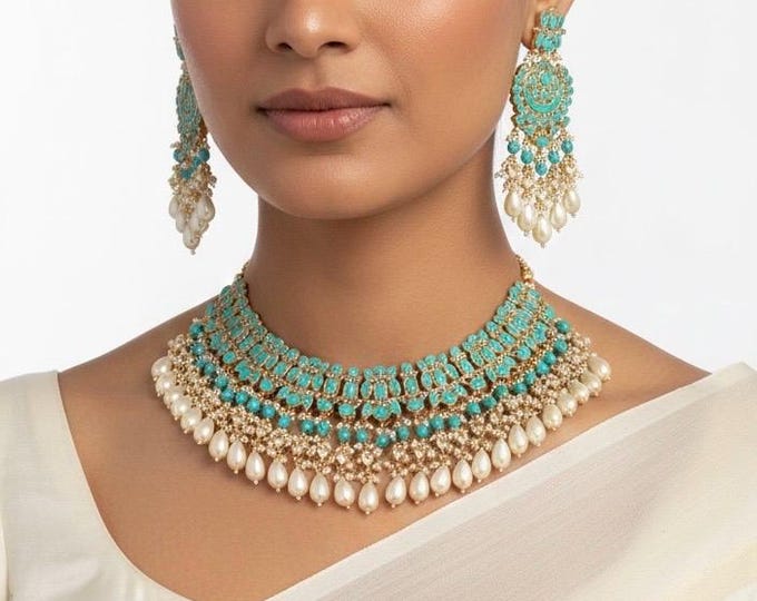 Handmade Kundan Turquoise Bridal Jewelry Set, Gold Plated Chandbali Earrings