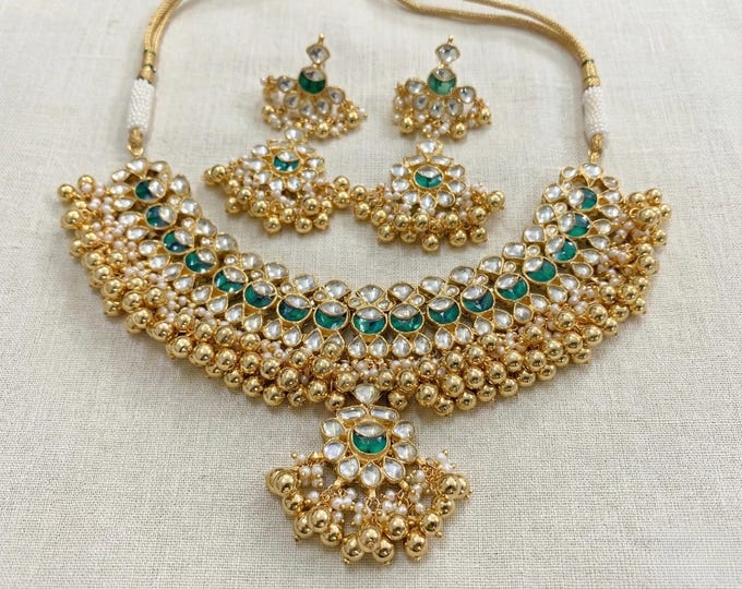 Kundan Choker Necklace with Jumkhi Earrings, South Indian Bridal Jewelry