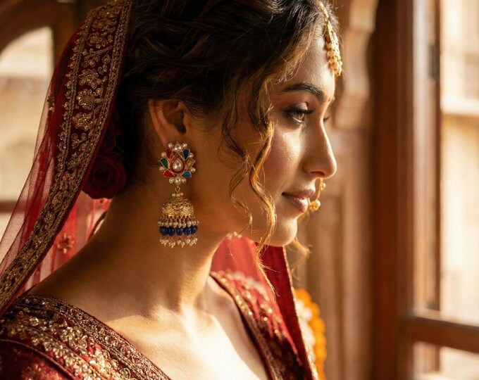 Kundan Earrings | Navratna, Antique Gold Finish Jumkhi | Multicoloured Kundan Jewelry