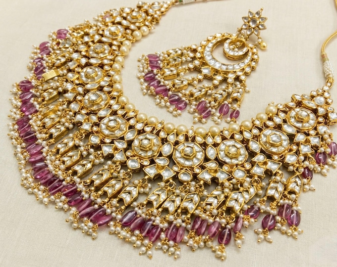 Handmade Kundan Choker Necklace and Earrings, Indian Bridal Jewelry Set