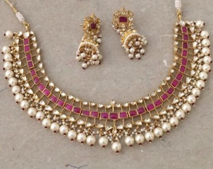 Handmade Kundan Choker Necklace Earring Set, Indian Bridal Jewelry
