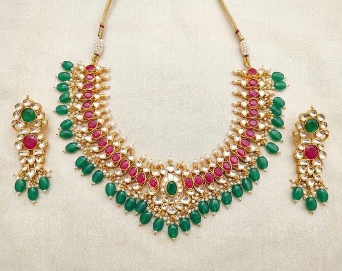 Handmade Kundan Choker Necklace Earrings, Gold Plated Indian Jewelry
