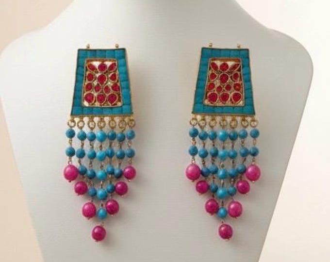 Handmade Kundan Earrings, Turquoise Indian Designer Jewelry