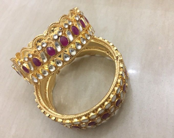 22k Gold Plated Kundan Bangle Set, Indian Bridal Jewelry, Pink & kundan Stones