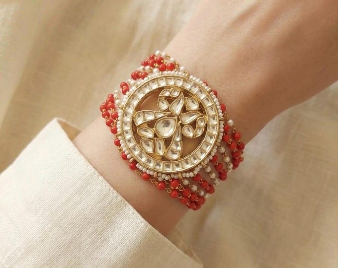 Gold Finish Kundan Bracelet, Indian Bridal Jewelry, Handmade Coral Flexible Bracelet