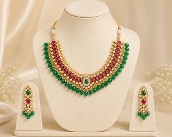 Emerald Green Ruby Pink Kundan Choker Necklace Set | Handmade Indian Bridal Jewelry
