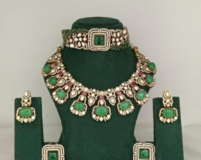 Handmade Kundan Bridal Jewelry Set | Gold-Plated Choker, Necklace & Earrings