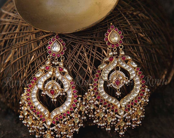 Kundan Chandbali Earrings, Indian Bridal Jewelry, Handmade Statement Earrings