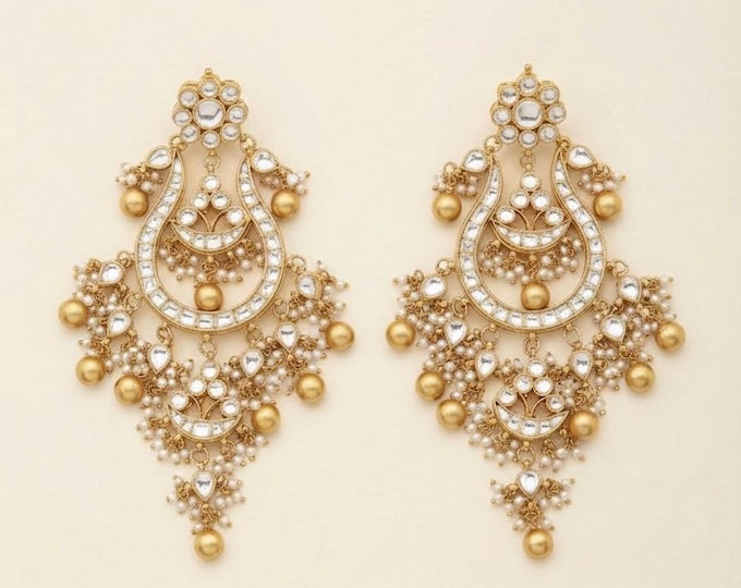 Kundan Chandbali Earrings, Handcrafted Indian Wedding Jewelry