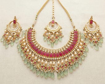 Gargantilla Kundan hecha a mano, chapada en oro de 22 quilates, joyería nupcial india.