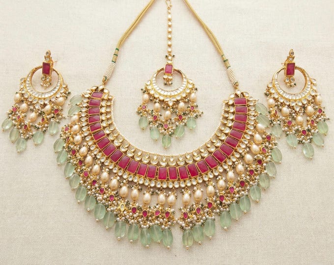 Handmade Kundan Choker Necklace Set, 22K Gold Plated, Indian Bridal Jewelry