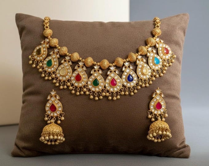 Kundan Choker Necklace Set, Gold Plated Indian Jewelry, Handmade Earrings with Jumkhi