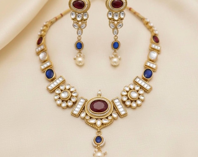 Handmade Kundan Choker Necklace Set, 22K Gold Plated Indian Jewelry