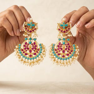 Kundan Jewelry Set | Indian Turquoise Necklace | Handmade Chandbali Earrings image 5