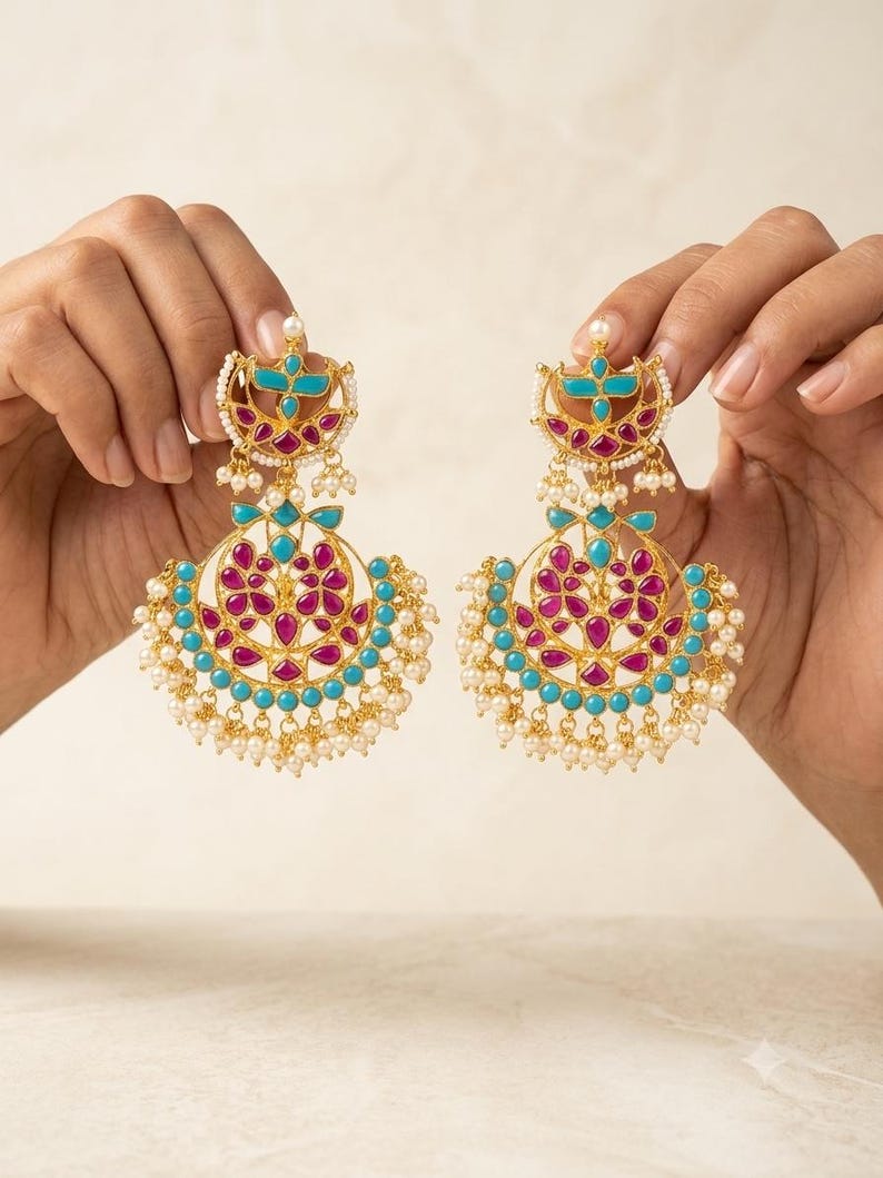 Kundan Jewelry Set | Indian Turquoise Necklace | Handmade Chandbali Earrings image 5